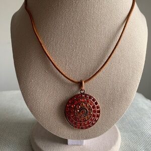 Vintage Red/Orange Crystal Round Metal Pendant on Brown Leather Necklace EUC